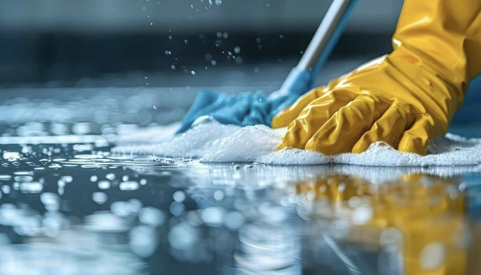 A person in yellow gloves and blue gloves cleaning a floor